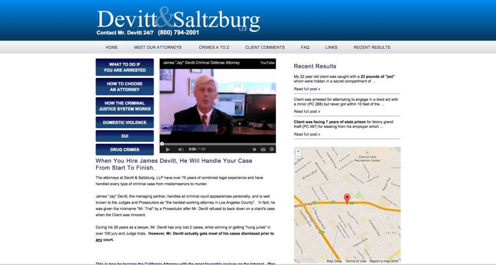 Devitt & Salzberg LLP website showcasing client results and attorney James Devitt.