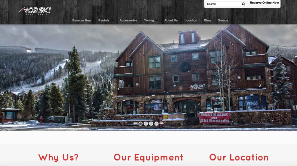 Norski Sport Rental website homepage showcasing a snow-covered lodge and ski slopes, demonstrating client website