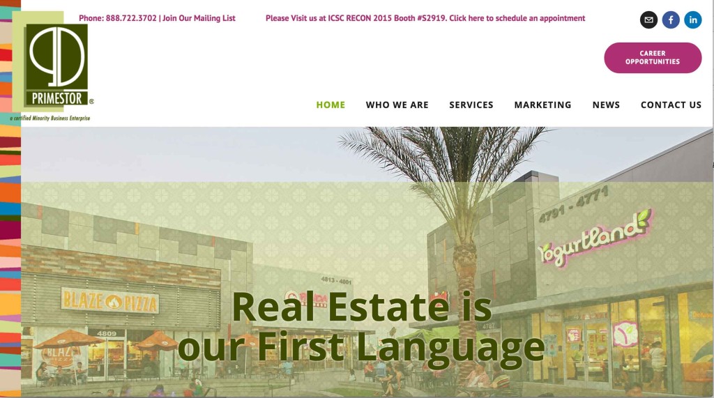 Primestor website homepage showcasing client portfolio and real estate marketing services.